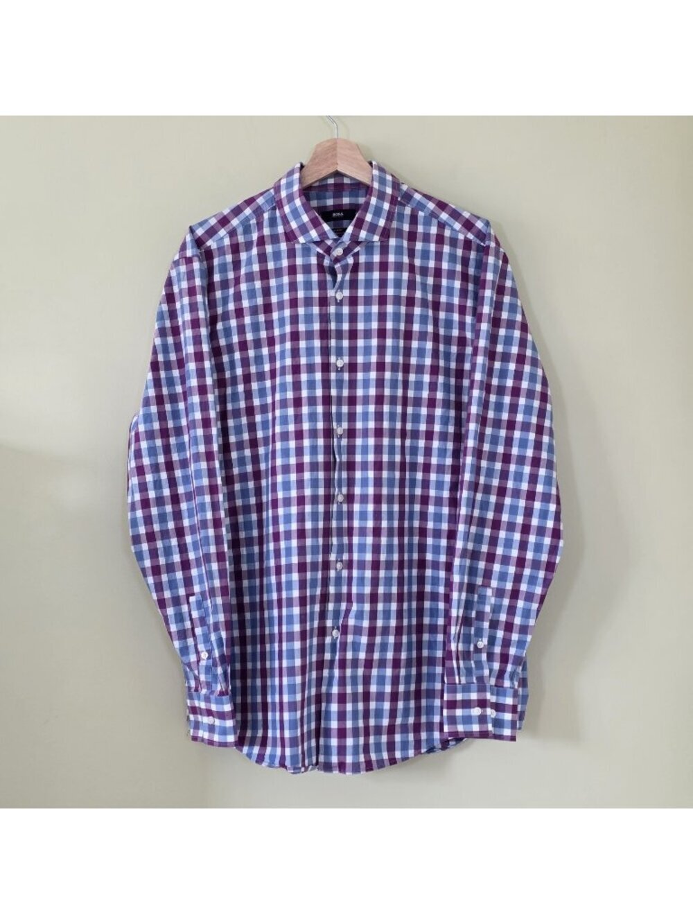 Hugo Boss Slim Fit Shirt Men 17.5 44 Plaid LS Cotton Office Travel Preppy Edgy